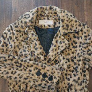 KAREN MILLEN Faux Fur Leopard Print Trench Coat Jacket Belt Straps Womens 6 M